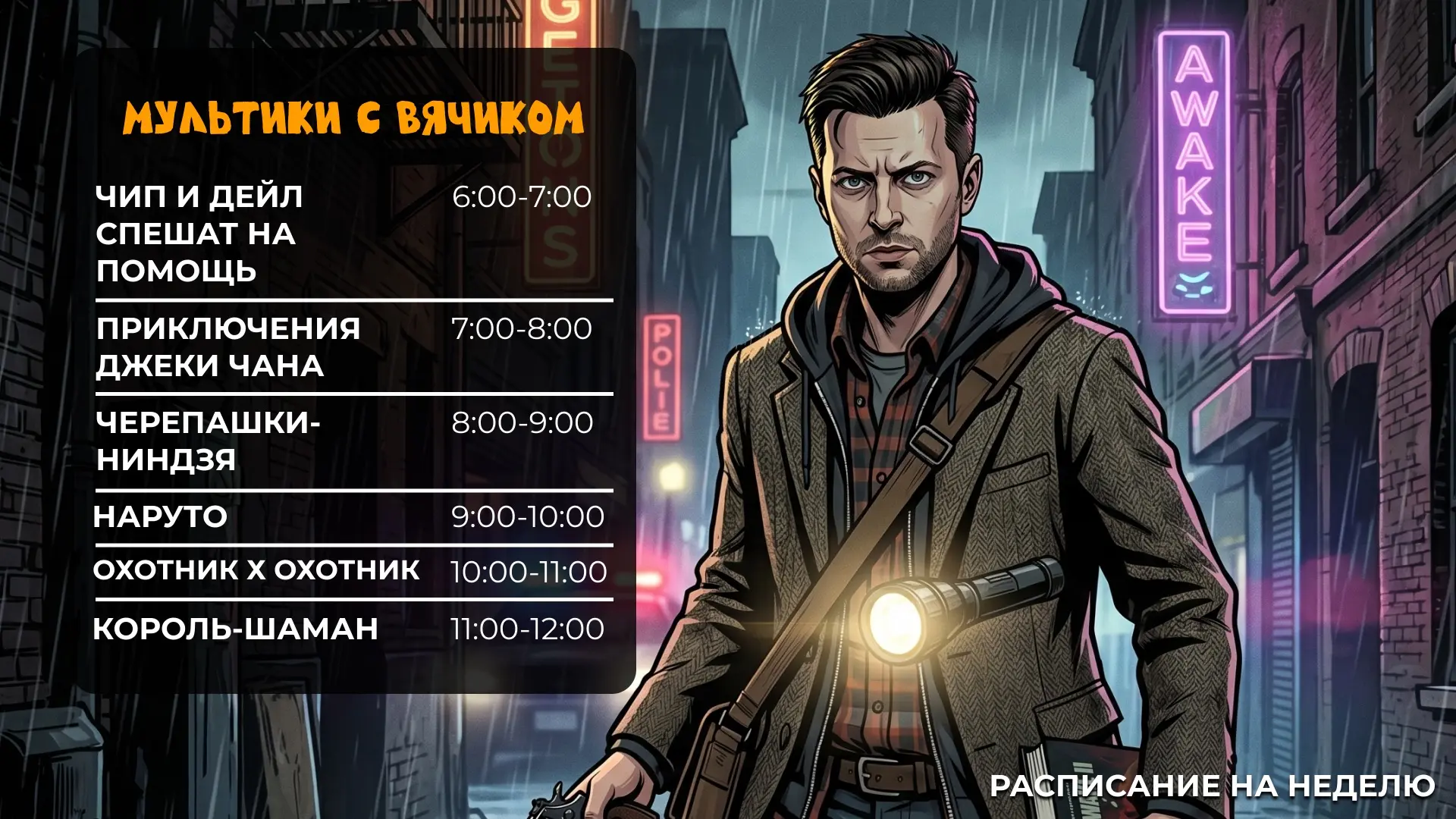 ❗️Расписание на след. неделю❗️

Понедельник - мультики  
Вторник - Alan wake 2 + убийца Акамэ!
Среда