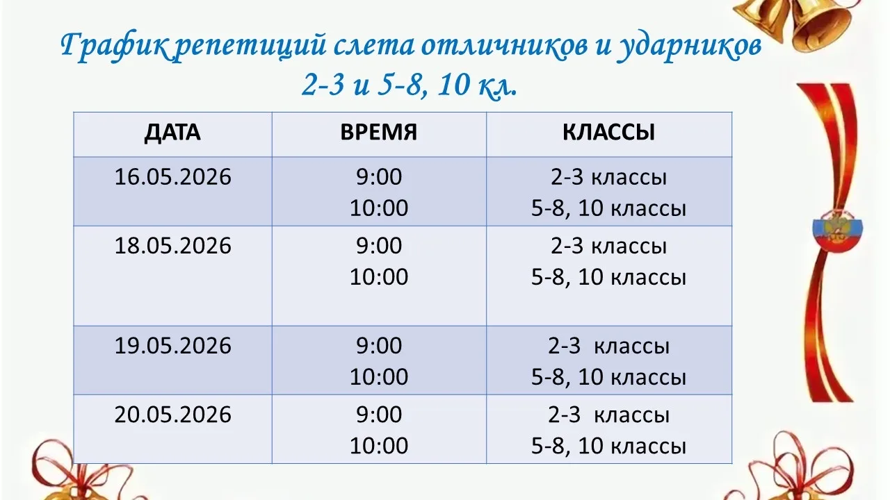 График репетиций слета отличников и ударников, последнего звонка!