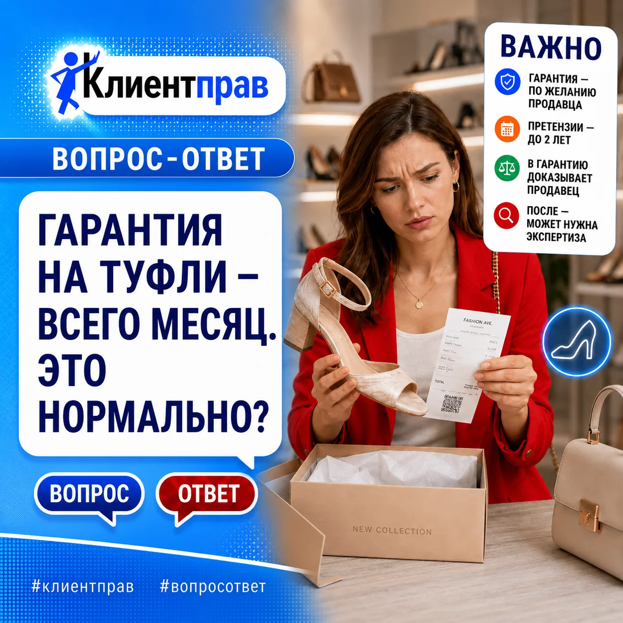 ❓Решила купить летние туфли. Подошла к кассе и узнала, что гарантия на них — всего месяц. Дорогая об