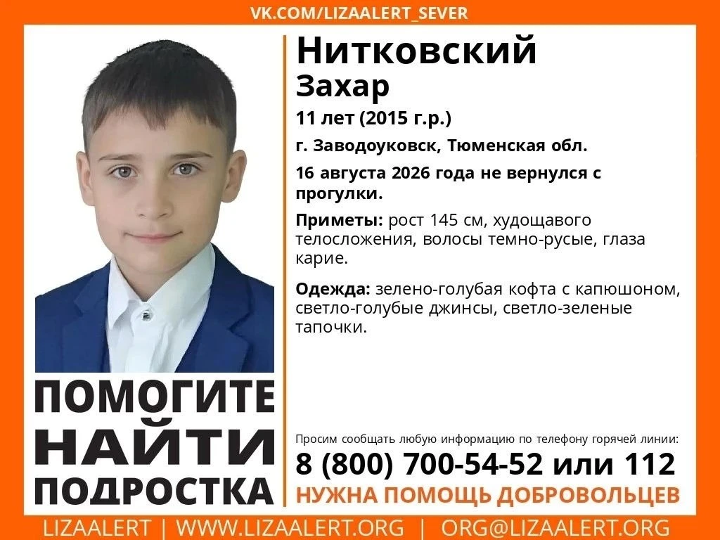 В Заводоуковске пропал 11-летний Захар Нитковский, как сообщают волонтеры поискового от...
