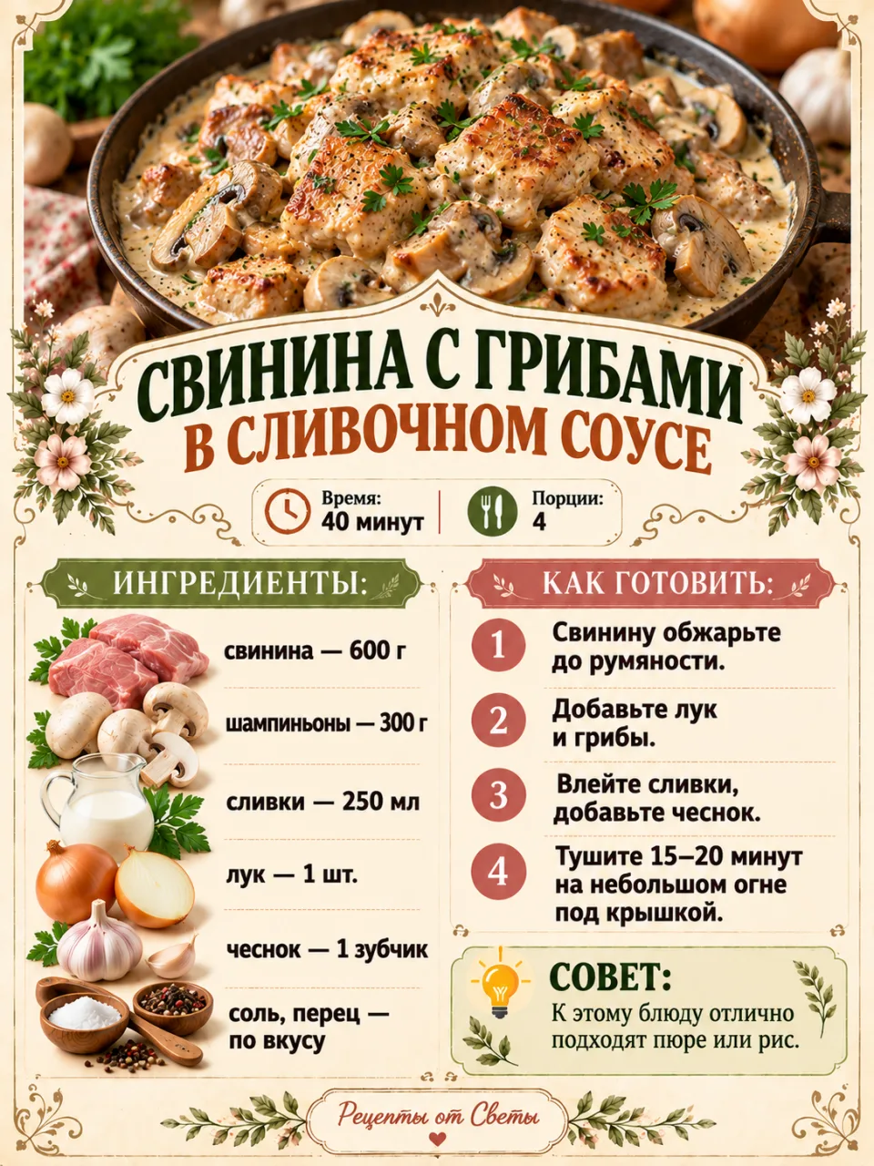 🥩 Свинина с грибами в сливочном соусе