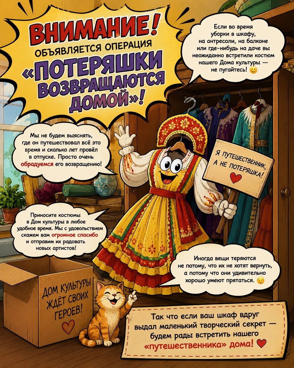 🎭 Внимание! Объявляется операция «Потеряшки возвращаются домой»!
Если во время уборки в шкафу, на а