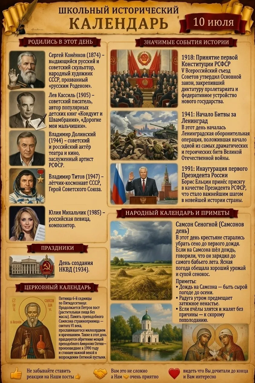 📜 Школьный исторический календарь: 10 июля

🎂 Родились в этот день
Сергей Конёнков (1874) — выдающ