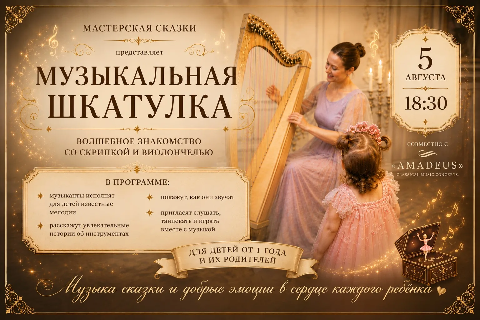 🎻 Музыкальная шкатулка: волшебное знакомство со скрипкой и виолончелью | 05.08 | 18:30