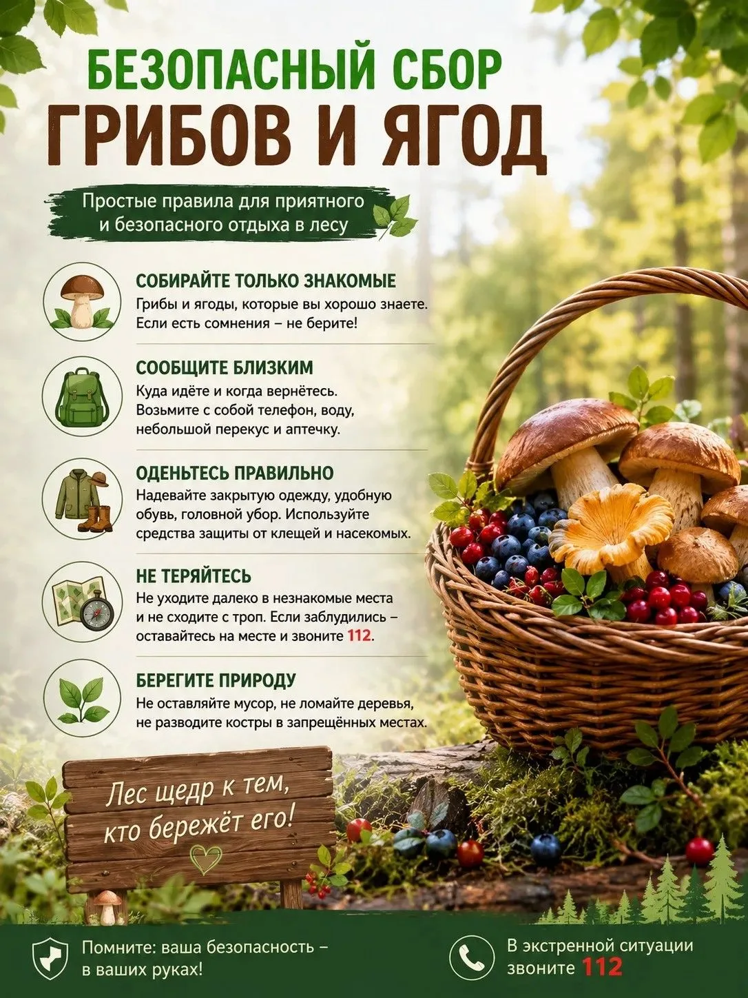 🍄 🫐  Безопасный сбор грибов и ягод
 
Лето и начало осени — лучшее время для прогулок по лесу. Сбор