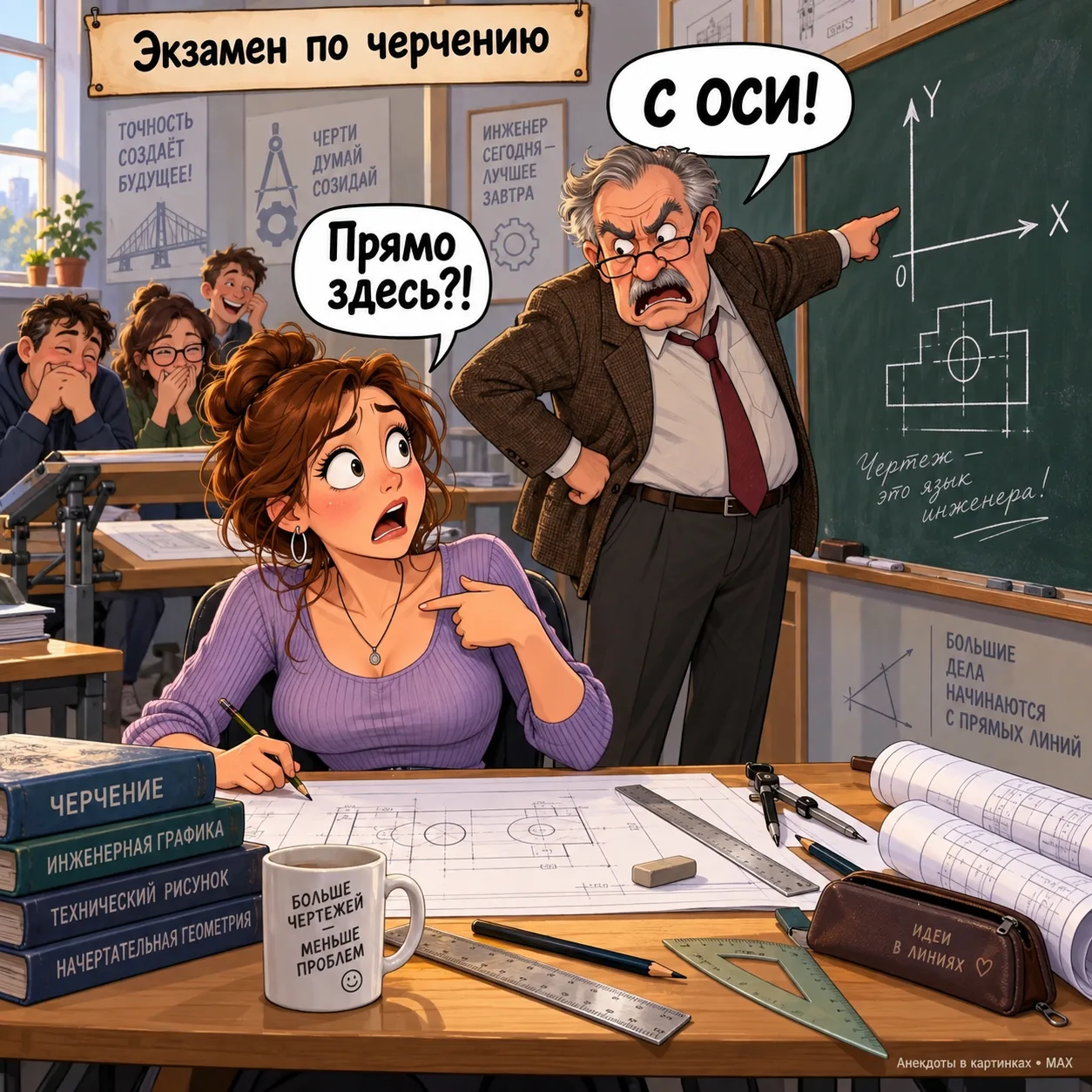 Сдаёт девушка экзамен по черчению. Ничего не знает. Преподаватель говорит: