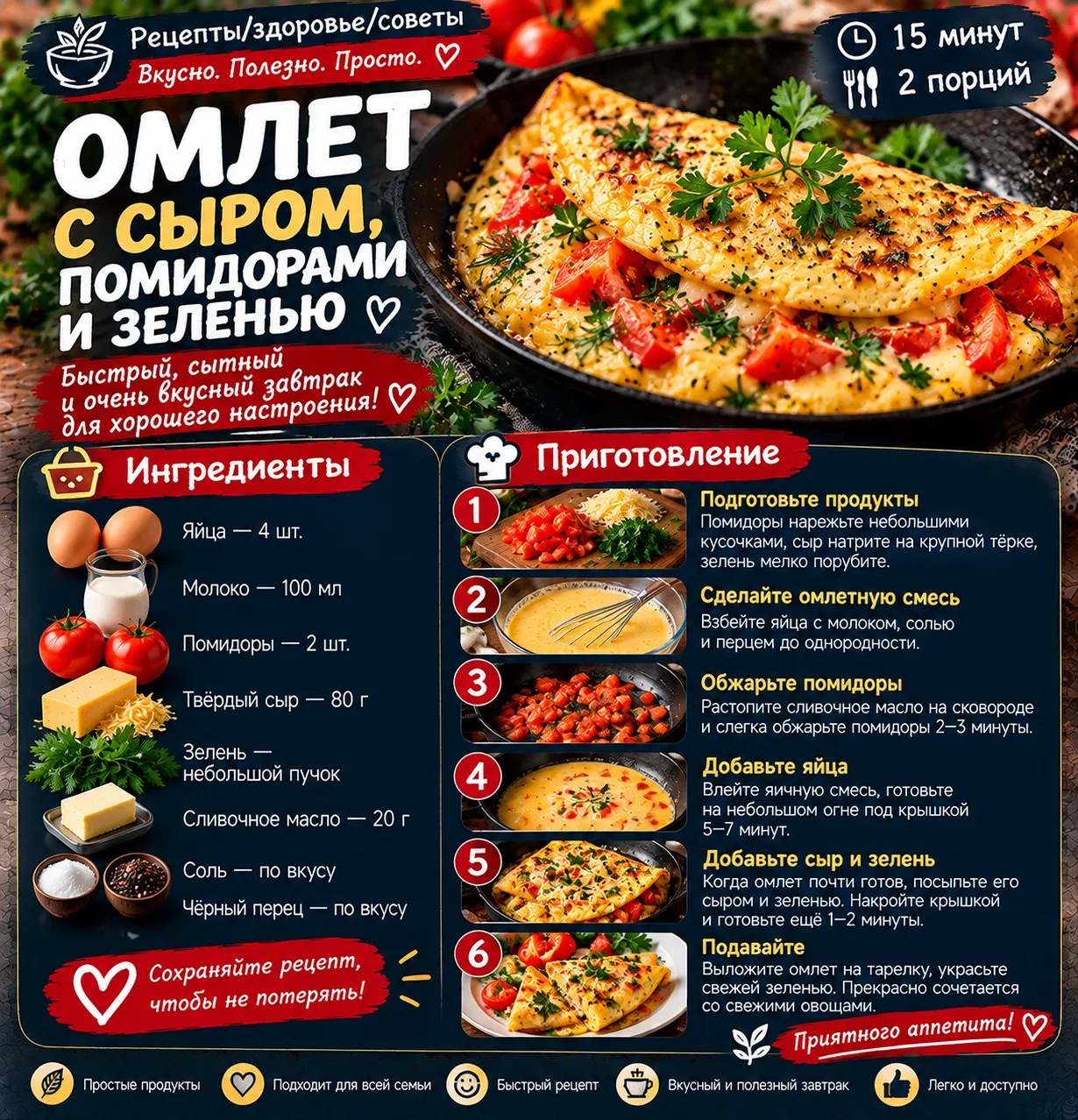 🍳 ОМЛЕТ С СЫРОМ, ПОМИДОРАМИ И ЗЕЛЕНЬЮ