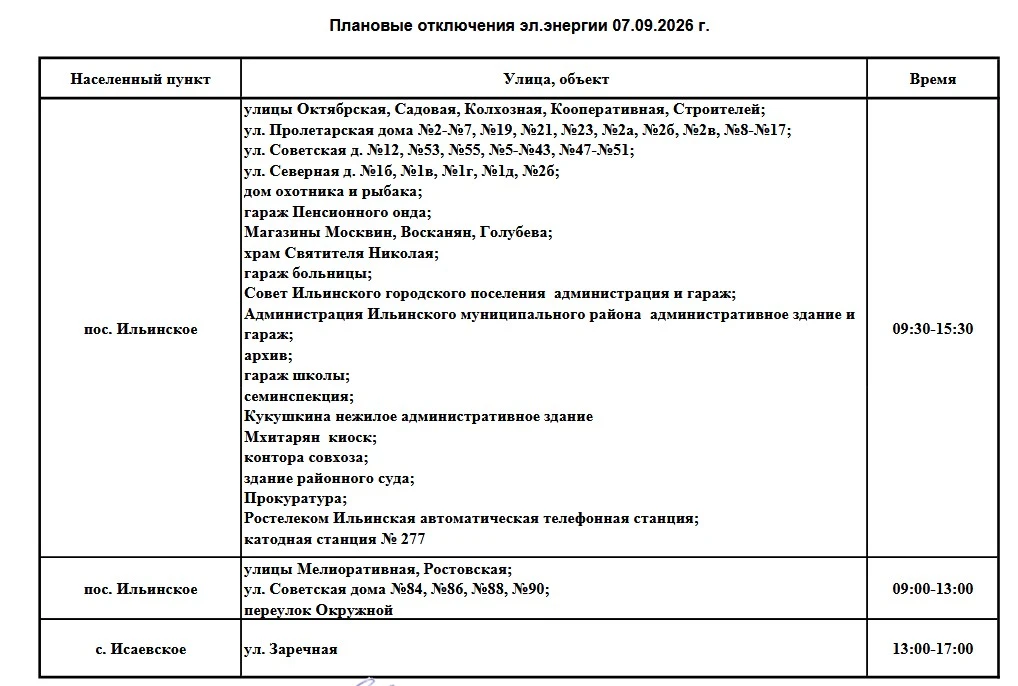 Плановые отключения эл.энергии 07.09.2026 г