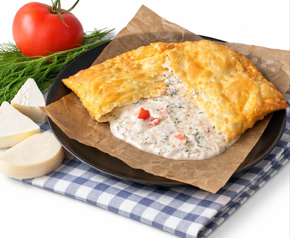 Чебурек с брынзой, сулугуни, томатами и укропом.