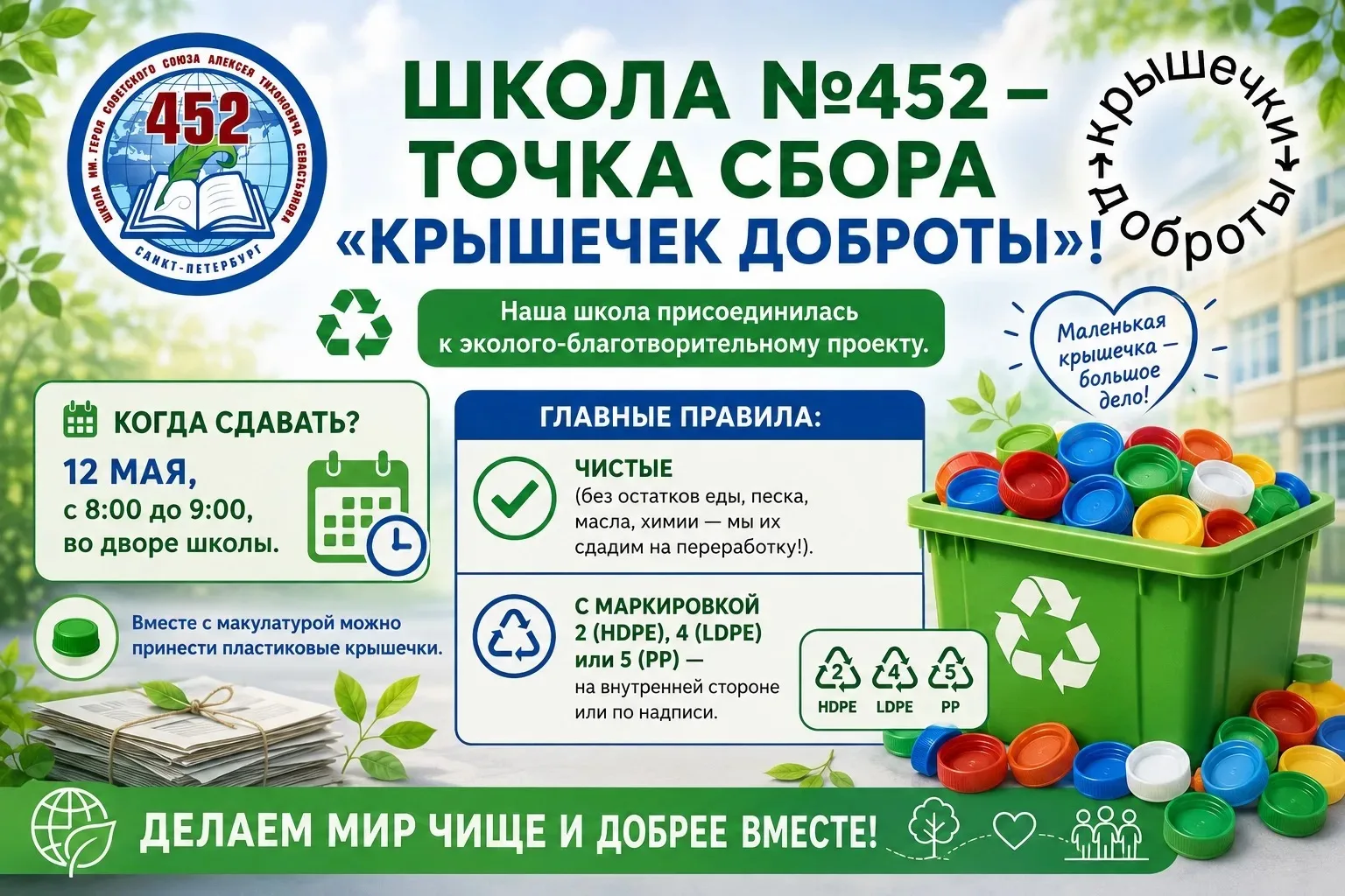 ♻ Школа №452 — точка сбора «Крышечек ДоброТы»!