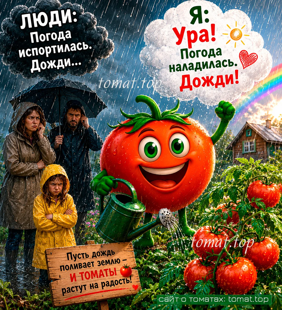 У нас идёт хороший дождь! Ливень! 

🌧 Люди:
— Погода испортилась… Дожди…

🍅 Я:
— Ура! Погода налад