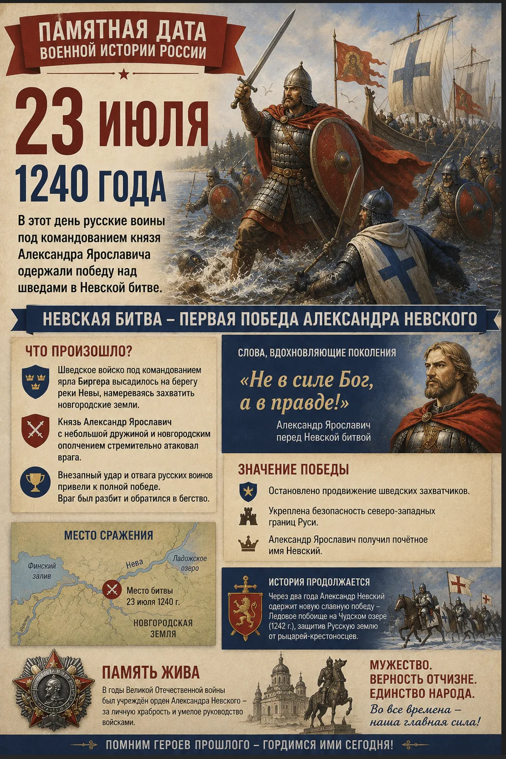 УРОКИ ИСТОРИИ
23 июля — День воинской славы России.
Невская битва

23 июля 1240 года на берегах реки