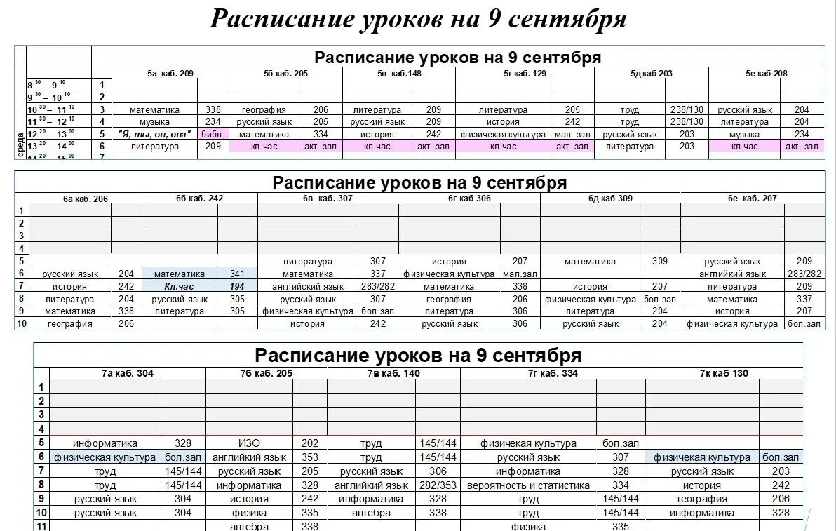 Добрый день, расписание уроков основной школы на 9 сентября
