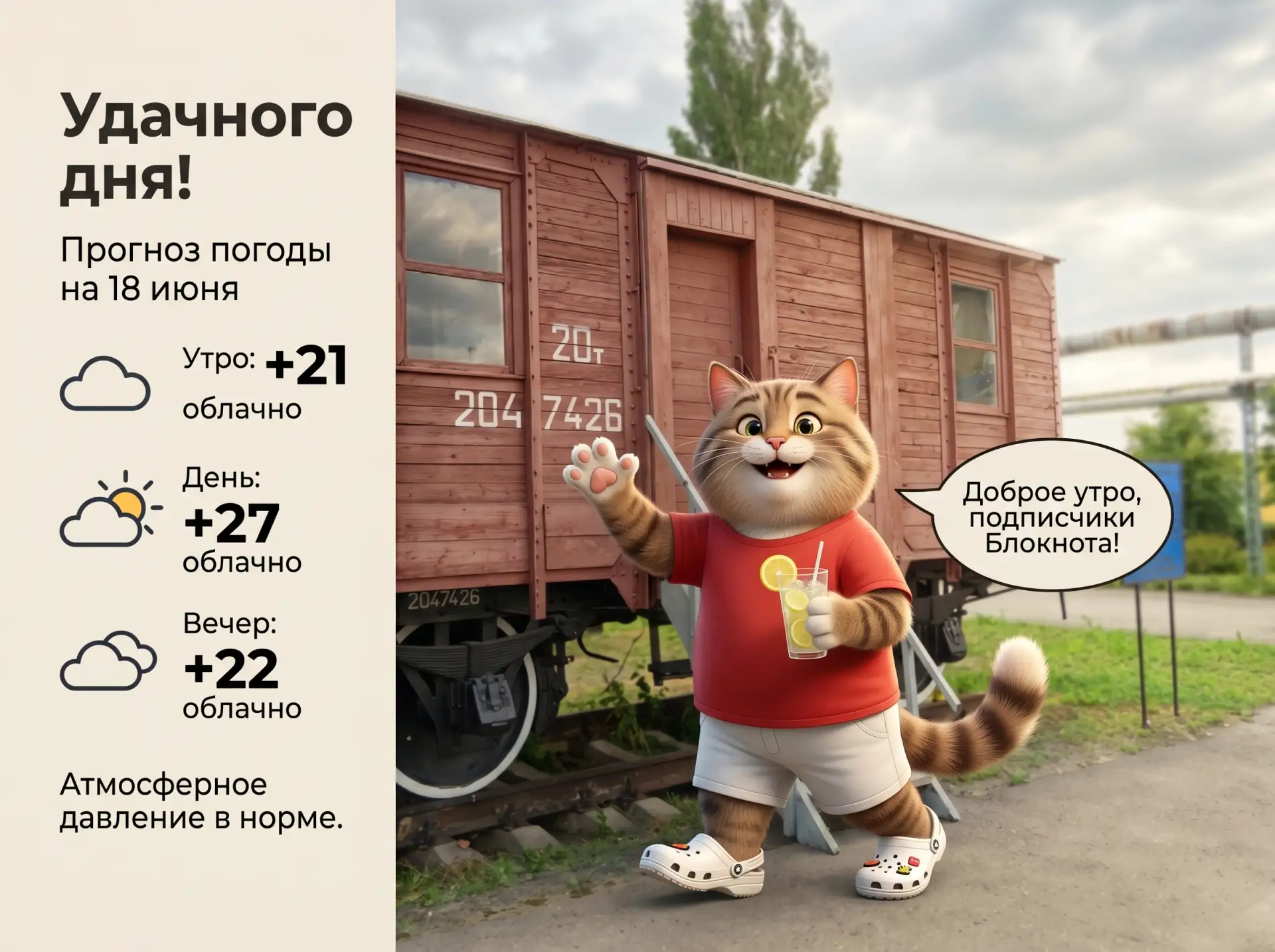 Удачного вам дня: прогноз погоды на 18 июня

🌡 Температура: утром +21, днем до +27, вечером +22. 

