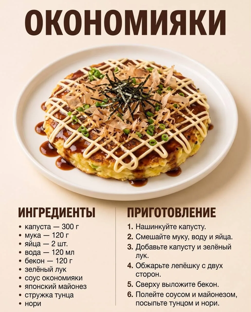 🥬 Окономияки
Японское блюдо 🇯🇵

Ингредиенты:
• капуста — 300 г
• мука — 120 г
• яйца — 2 шт.
• во