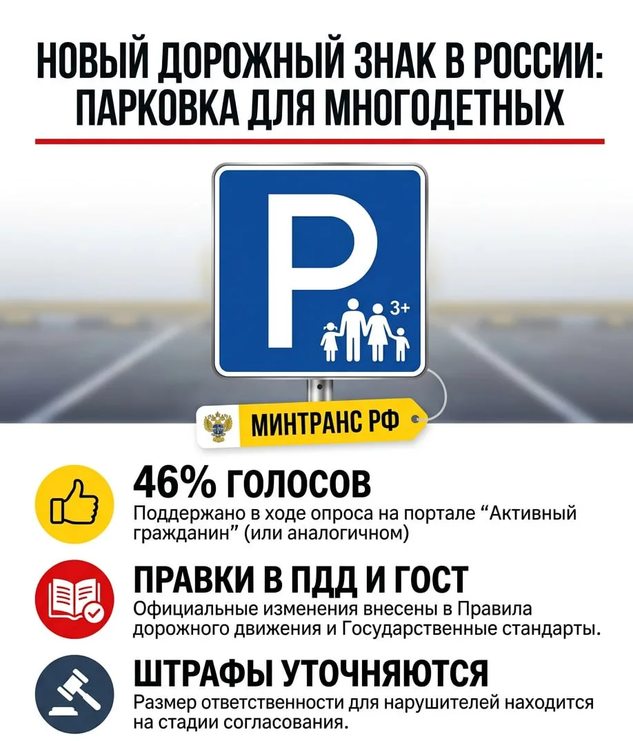 В России появится новый дорожный знак: парковка для многодетных🤔