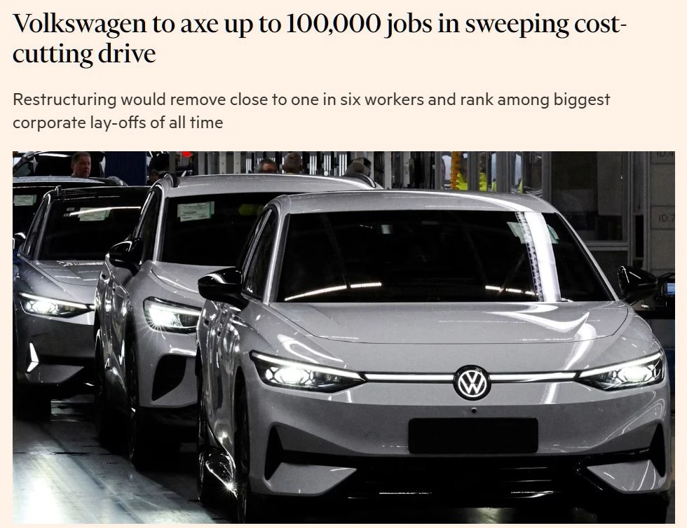 ⚡️Volkswagen планирует сократить до 100 тысяч рабочих мест, — Financial Times.