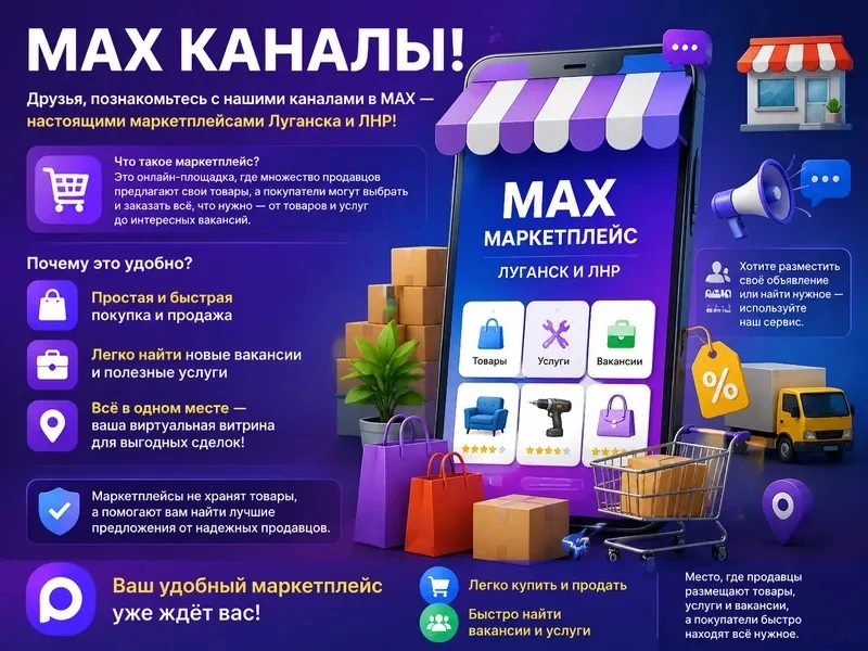 Друзья, ознакомьтесь с нашими каналами в МАХ - настоящими маркетплейсами Луганска и ЛНР !