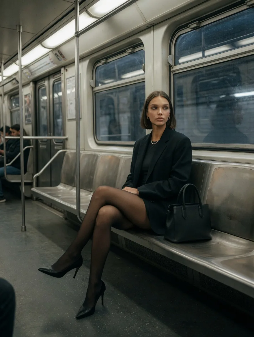 Ultra-realistic candid streetstyle photo of a confident young woman sitting in a subway...