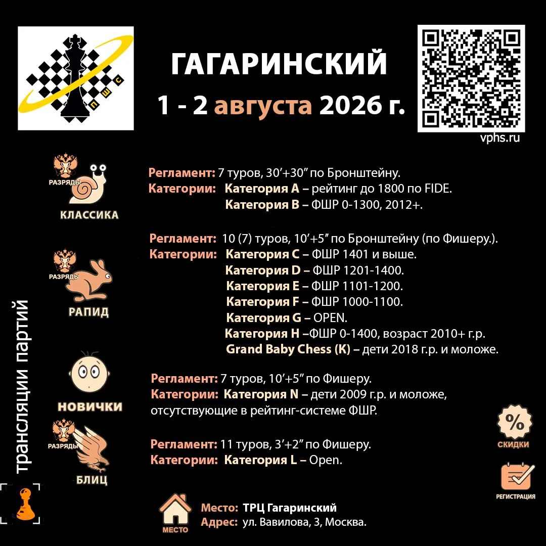 📢1 - 2 АВГУСТА ПШС приглашает Вас на шахматный турнир ГАГАРИНСКИЙ!
