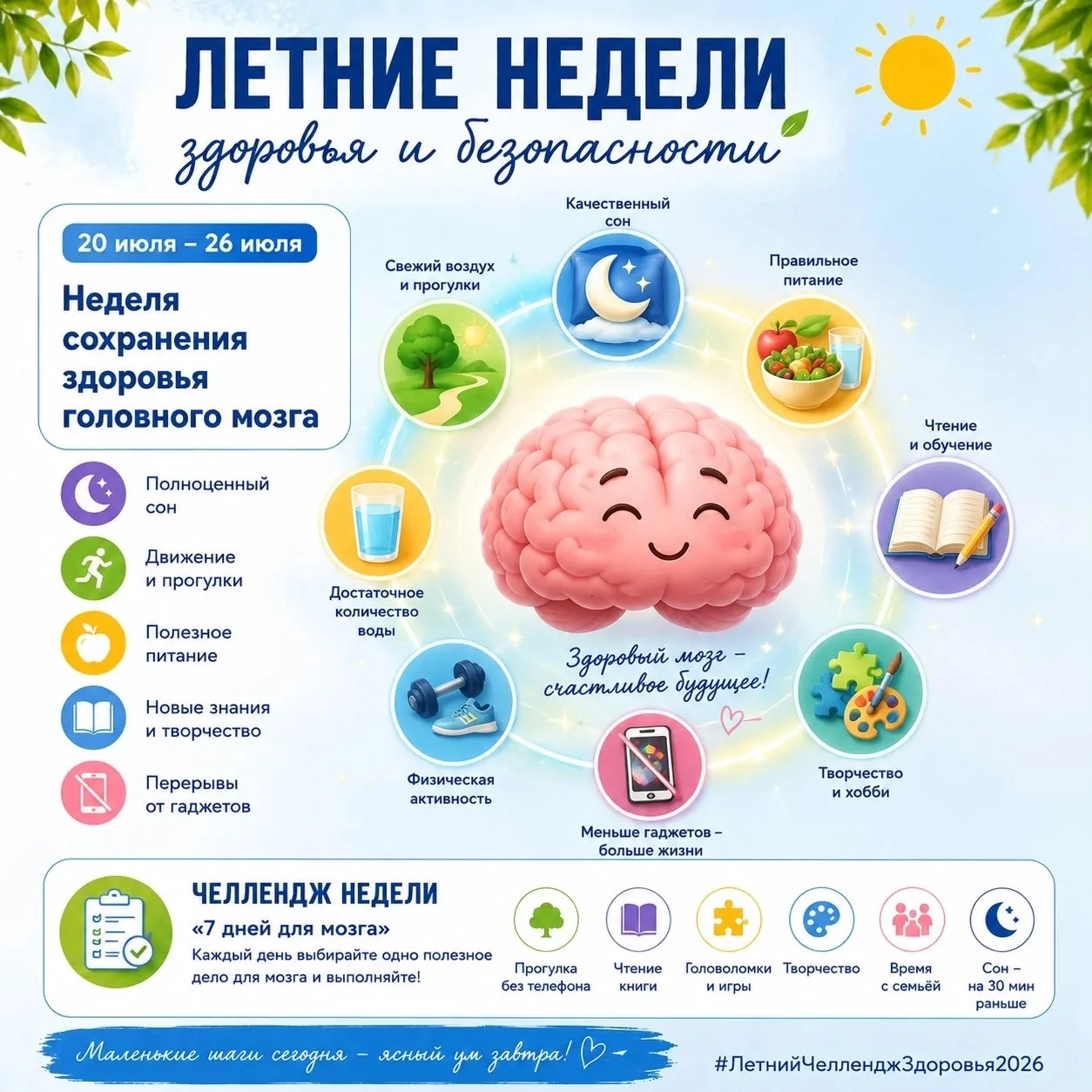 🧠 ЛЕТНИЙ ЧЕЛЛЕНДЖ ЗДОРОВЬЯ И БЕЗОПАСНОСТИ

Неделя сохранения здоровья головного мозга
📅 20–26 июля