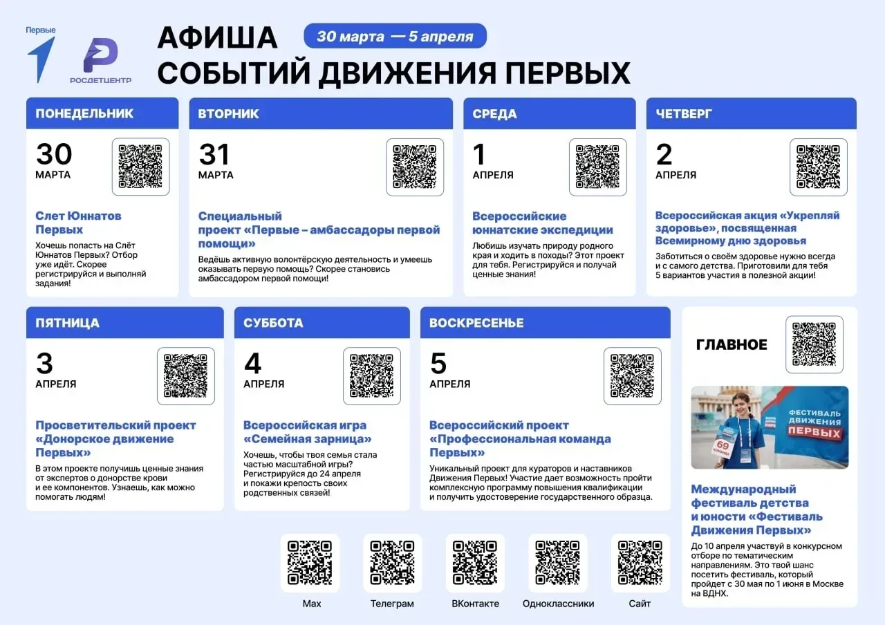 Приглашаем всех желающих присоединиться к акциям «Движения Первых» и публикуем афишу мероприятий на 