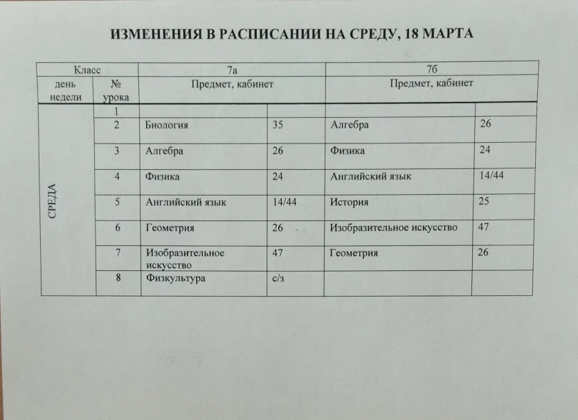 Добрый день. Изменения на завтра для 7а, 7б классов