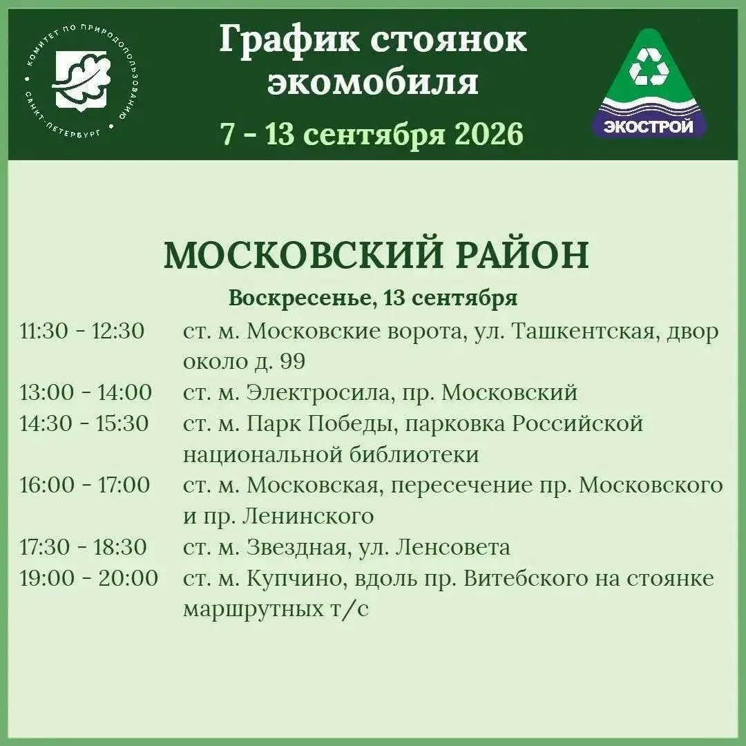 Опубликован график работы экомобиля в Петербурге на ближайшую неделю