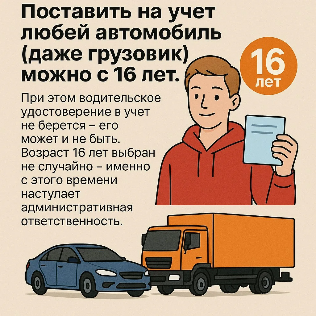с какого возраста можно поставить автомобиль на учет?

поставить на учет любой автомобиль (даже груз