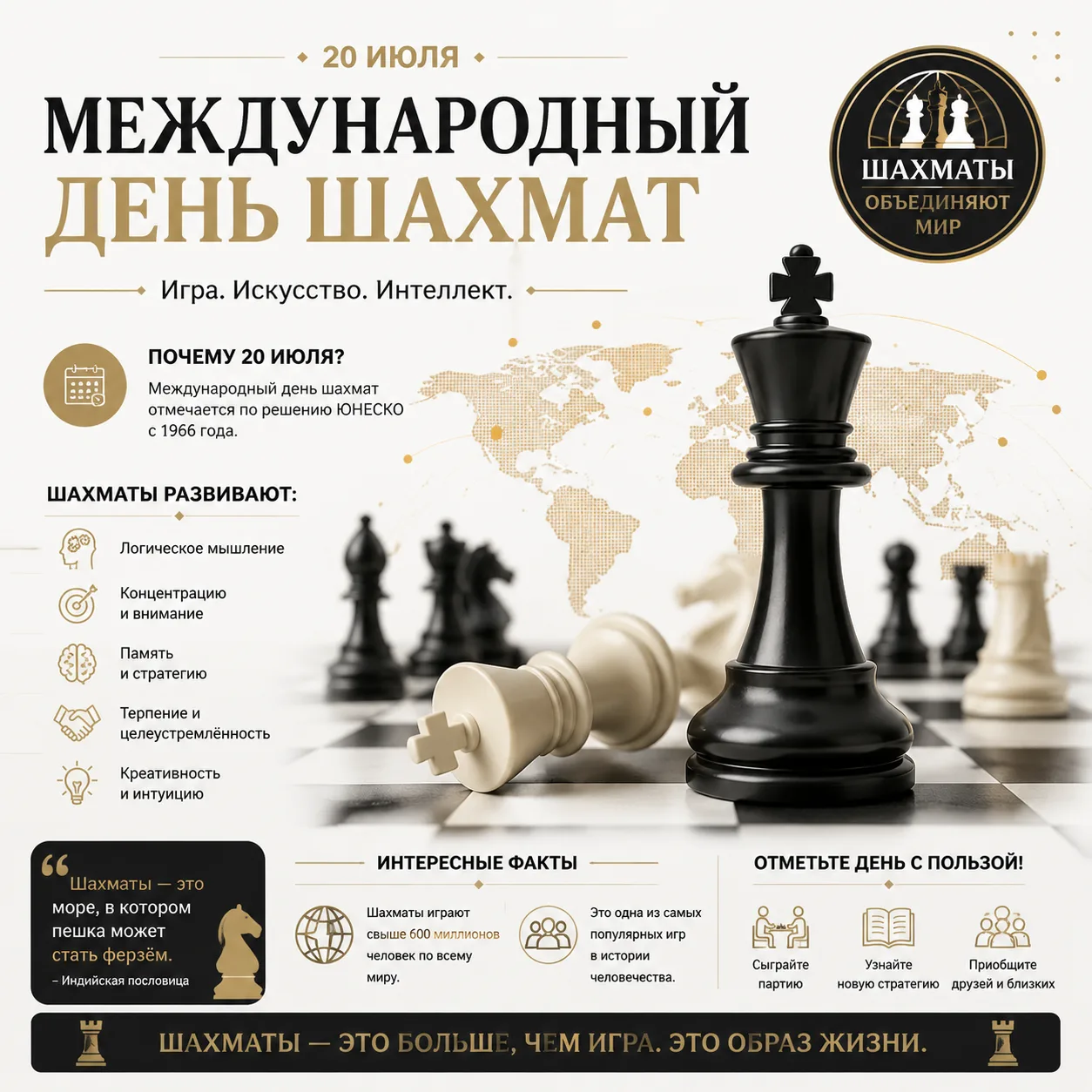 ♟️ 20 июля – Международный день шахмат!

20 июля отмечается Международный день шахмат. Именно в этот