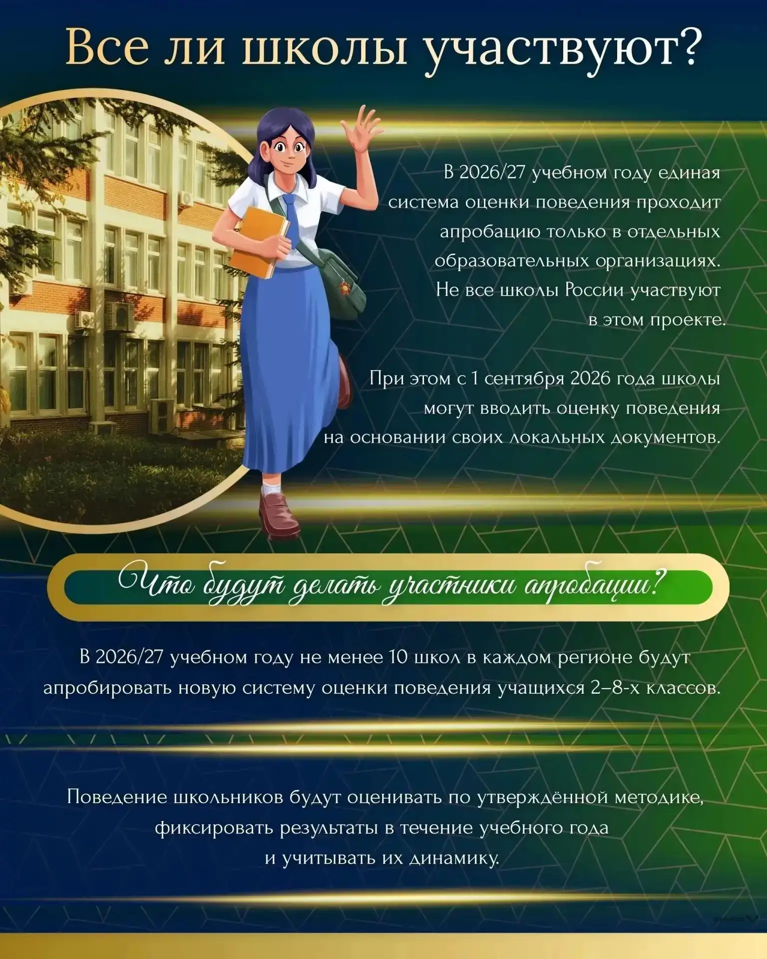 С 1 сентября 2026 года в отдельных школах России начнётся апробация системы оценки пове...