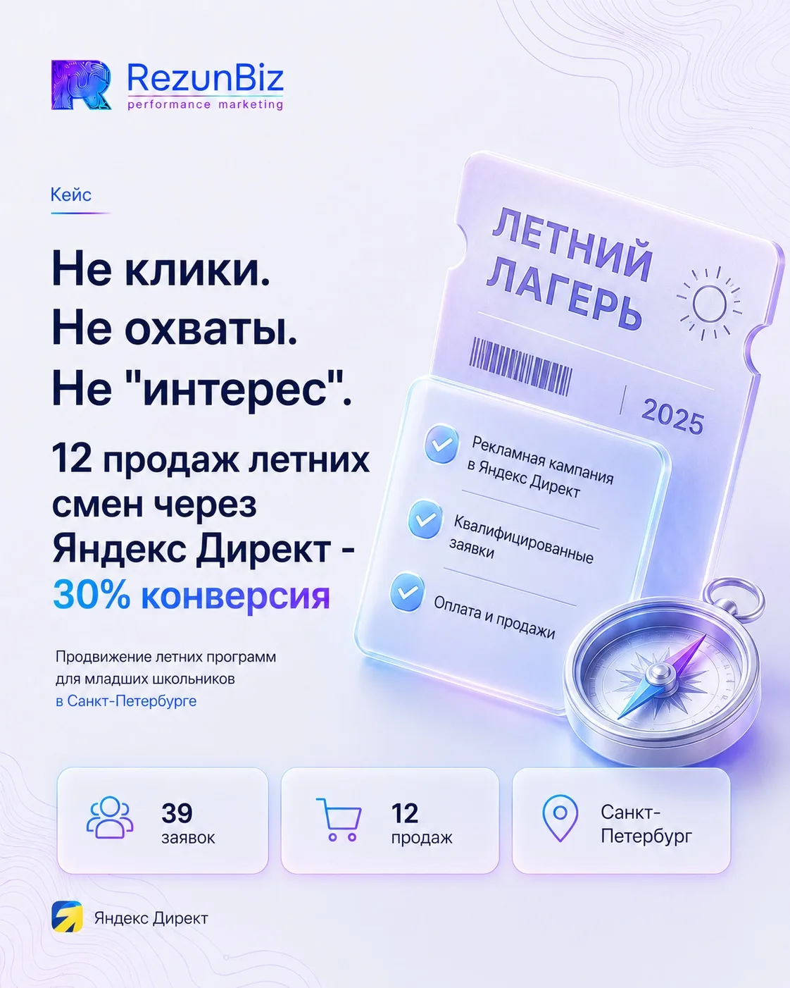 Не клики. Не охваты. А 12 продаж летних смен за месяц через Яндекс Директ.