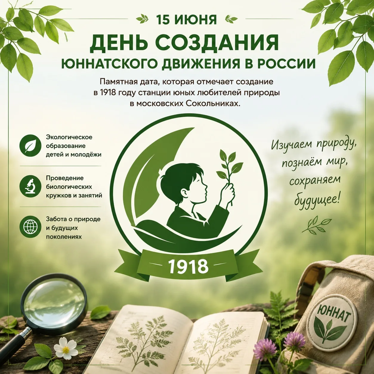 🌱 15 июня — День создания юннатского движения в России
Сегодня мы отмечаем важную дату в истории эк