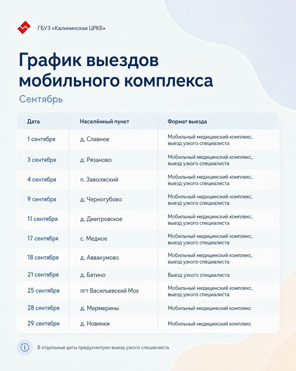 Калининская ЦРКБ: выезд специалистов в сентябре