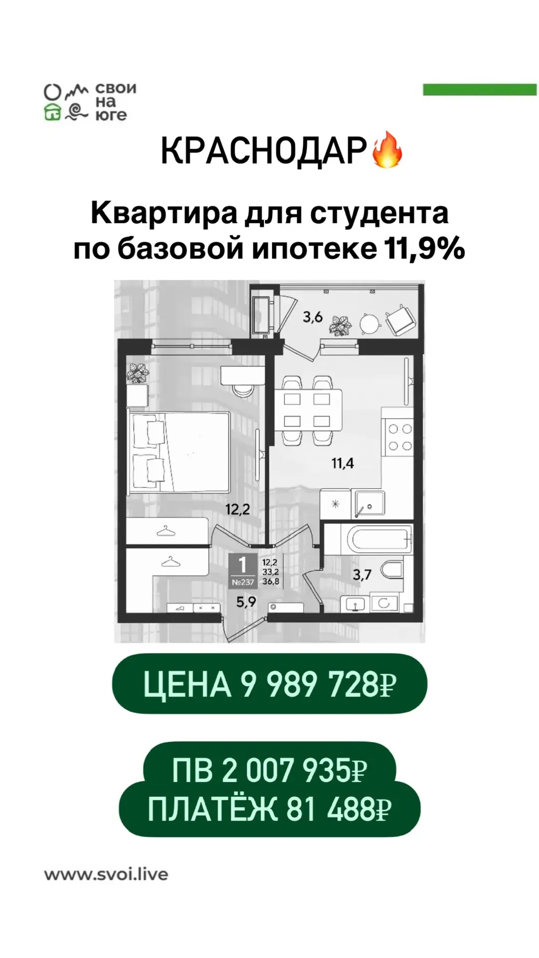 КРАСНОДАР🔥 Варианты квартир для ваших студентов по базовой ипотеке🤝  📍 микрорайон Черемушки. Район у