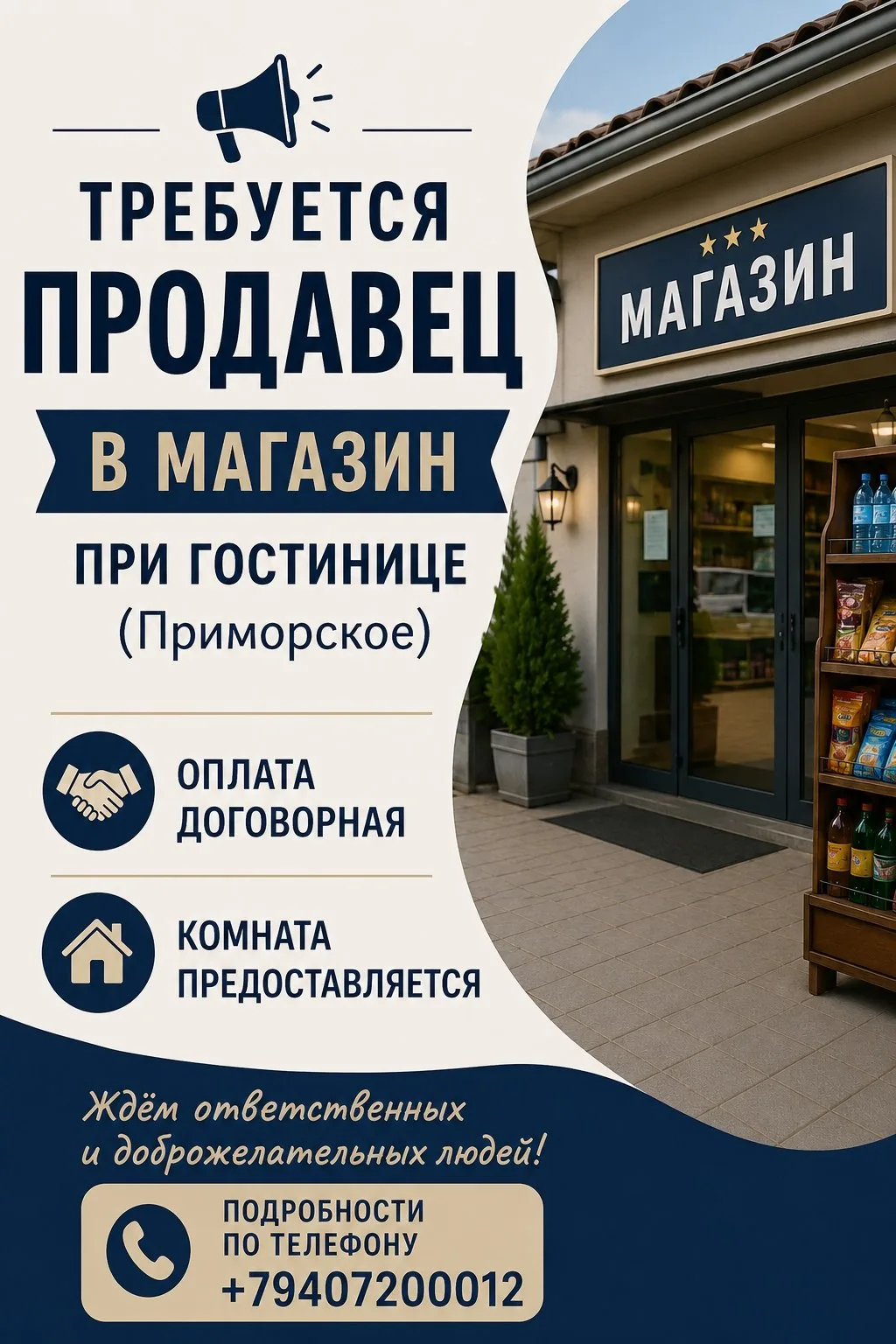 ⚡️ Требуется продавец в магазин при гостинице

В небольшой магазин в селе Приморское требуется прода