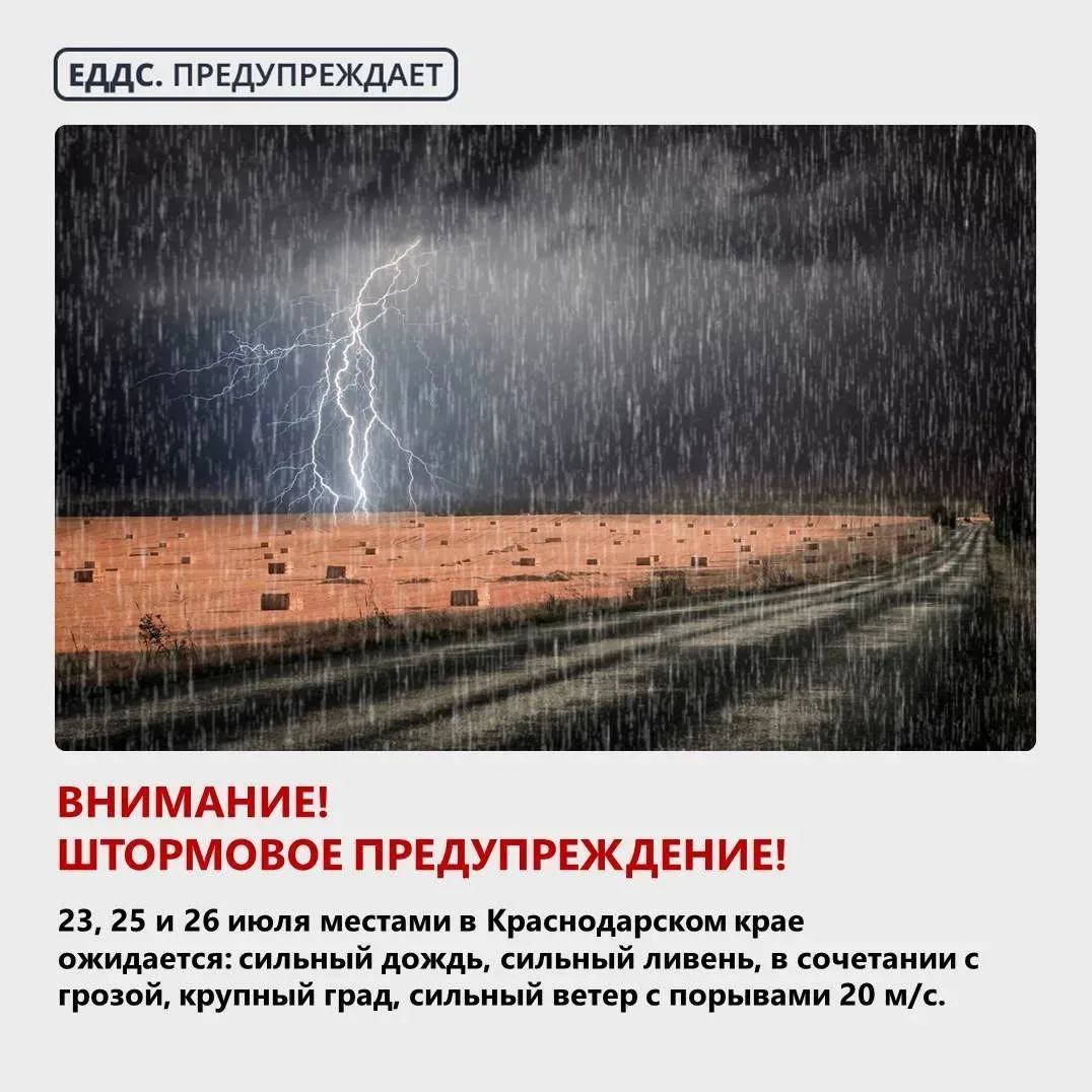 Штормовое предупреждение!
23, 25 и 26 июля местами в Краснодарском крае ожидается: сильный дождь, си