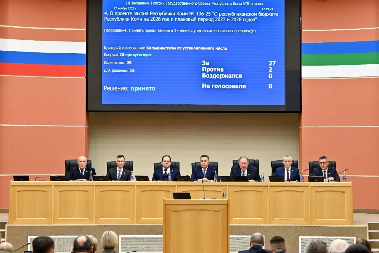 В Коми принят бюджет на 2026-2028 годы.  Ключевые цифры: — доходы — 109,5 млрд рублей, — расходы — 1