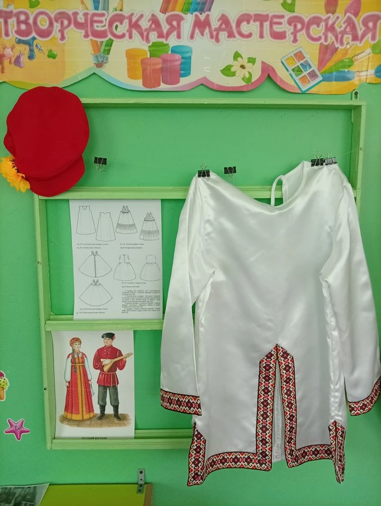 Тема дня: русский народный костюм. Рассказ и демонстрация рубахи и кепки с цветком (картуз)Словарная
