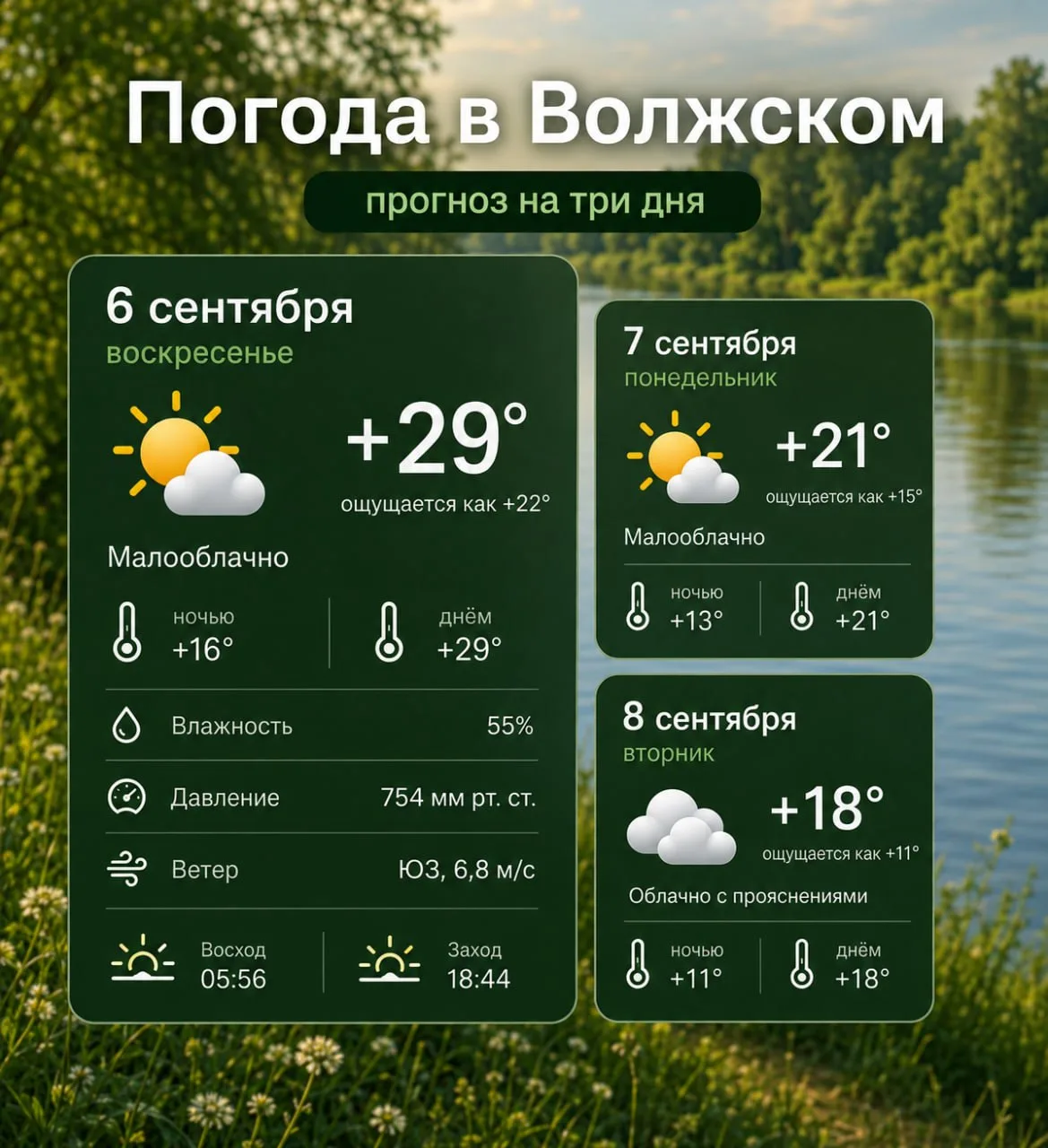 Доброе утро Волжский! Сегодня, 6 сентября, будет малооблачно, без осадков, температура ...