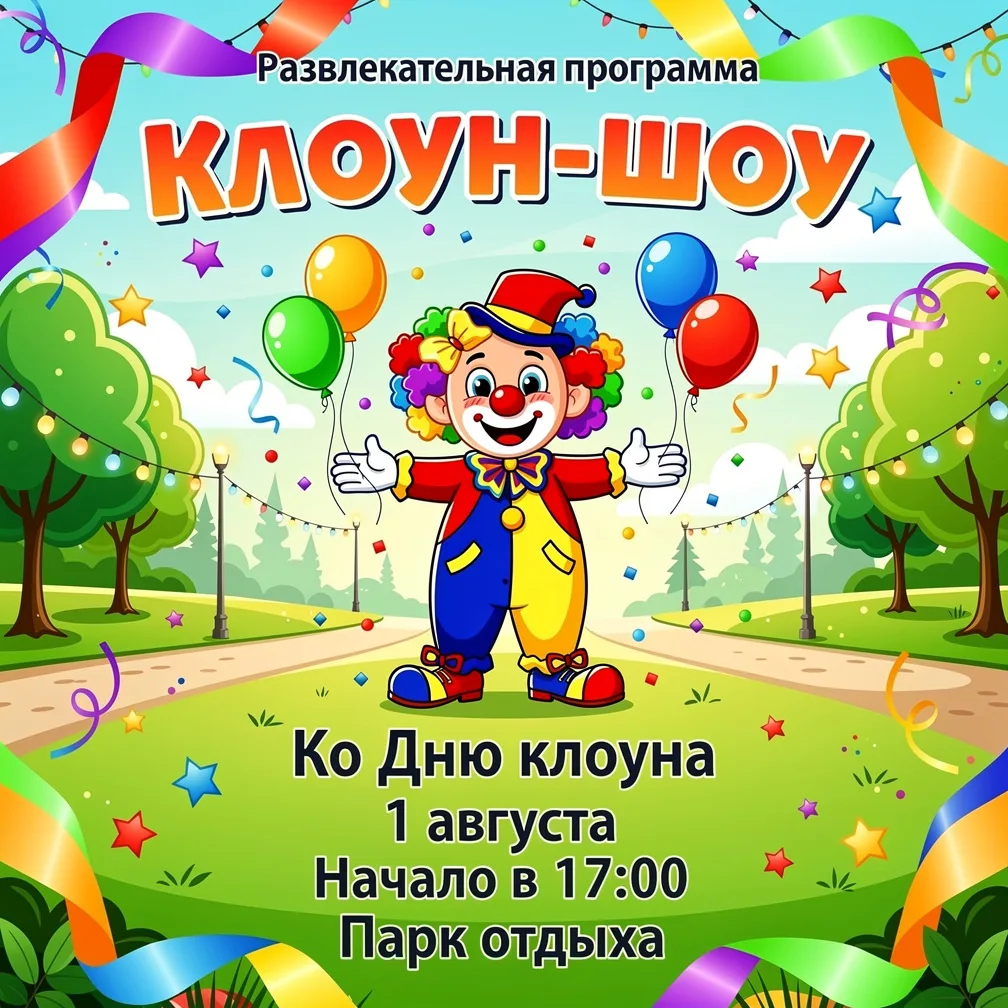 Развлекательная программа "Клоун-шоу"

📅 1 августа
⏰ 17:00
📍 Парк отдыха
