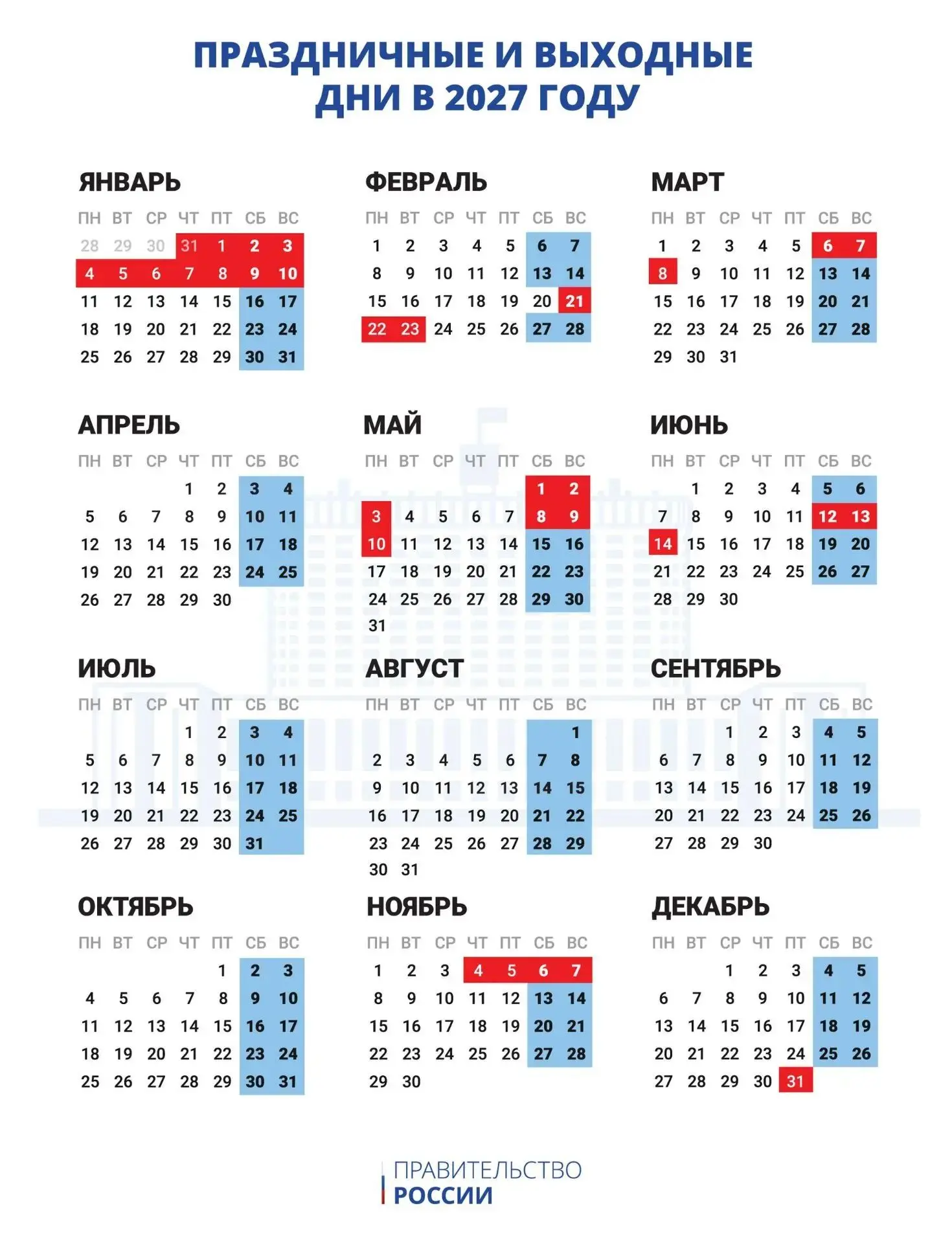 📅  Календарь выходных и праздничных дней на 2027 год утвердили в России