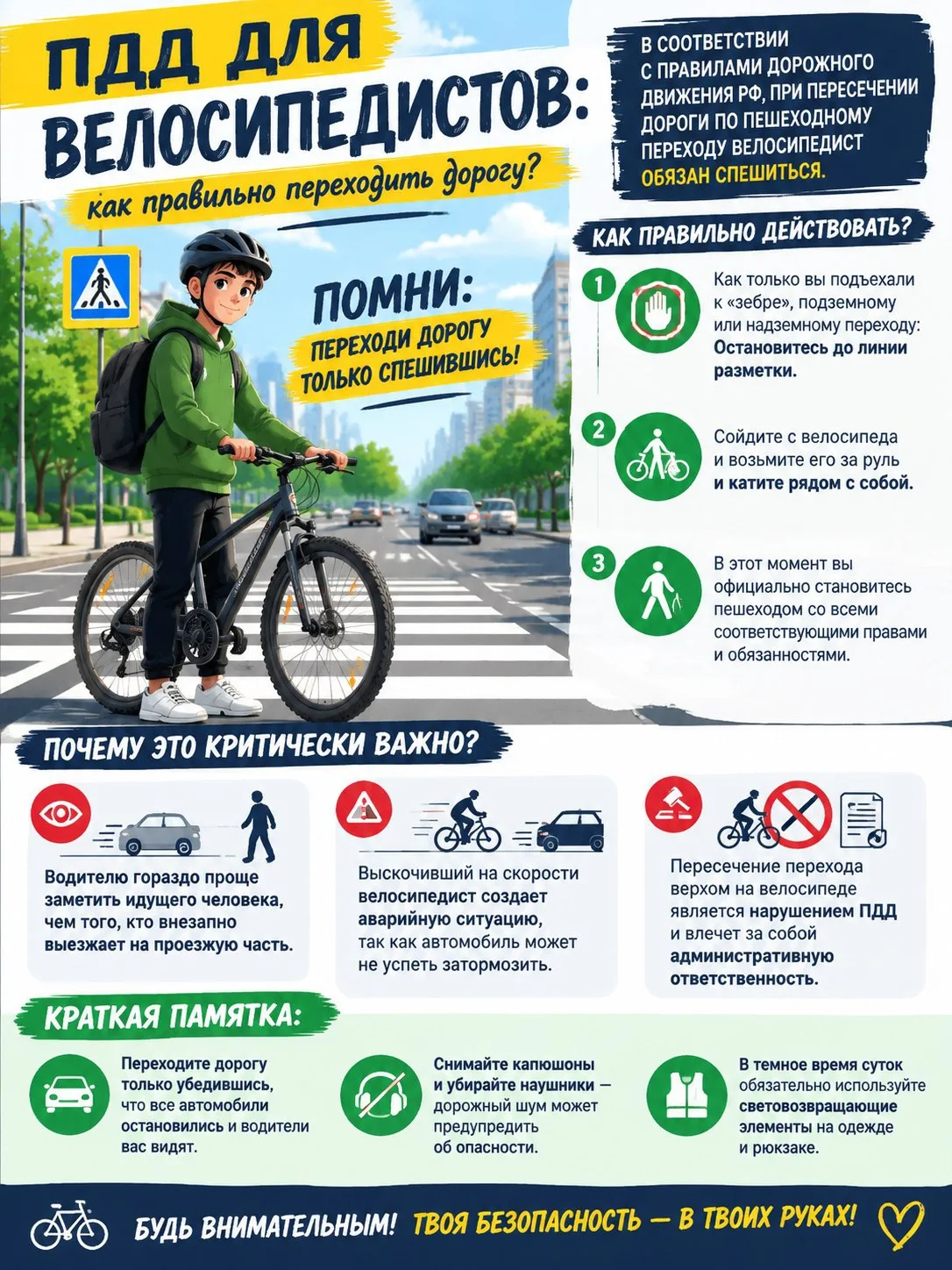 ПДД для велосипедистов: как правильно переходить дорогу?