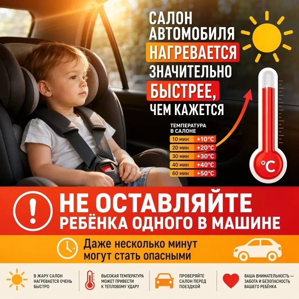 🚗Всего 5 минут в закрытом автомобиле могут стоить ребёнку жизни.

Даже при открытом окне салон быст