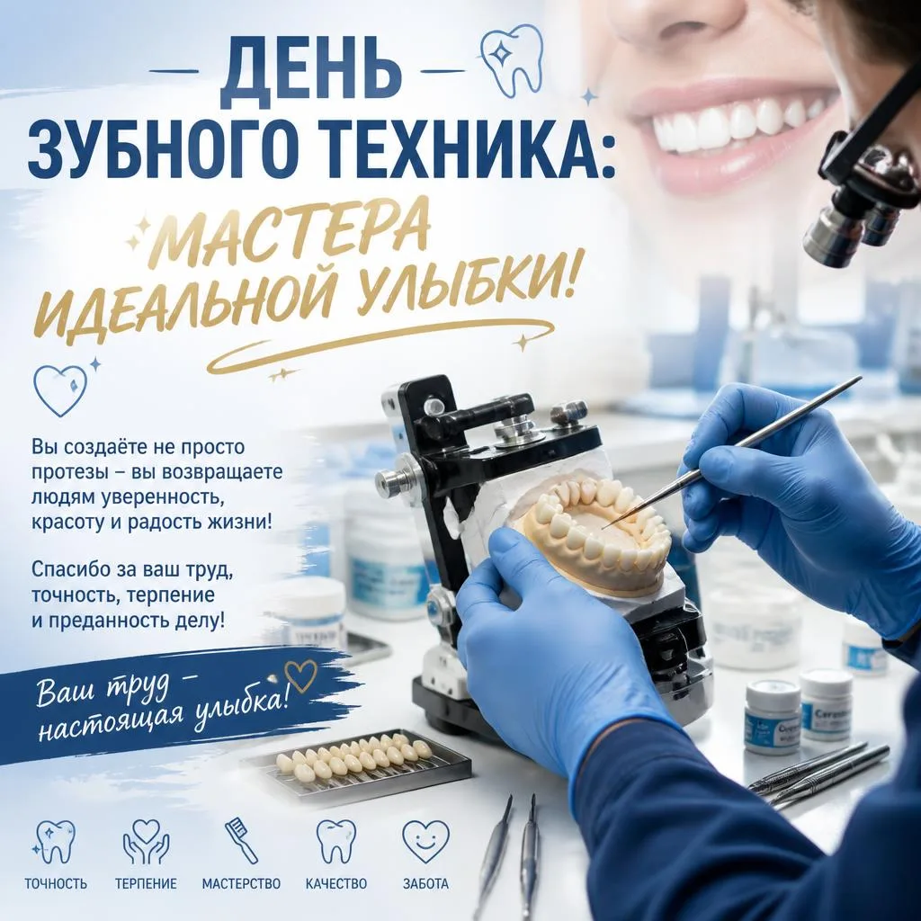 🦷 ДЕНЬ ЗУБНОГО ТЕХНИКА: МАСТЕРА ИДЕАЛЬНОЙ УЛЫБКИ!
Друзья, сегодня свой профессиональный праздник от