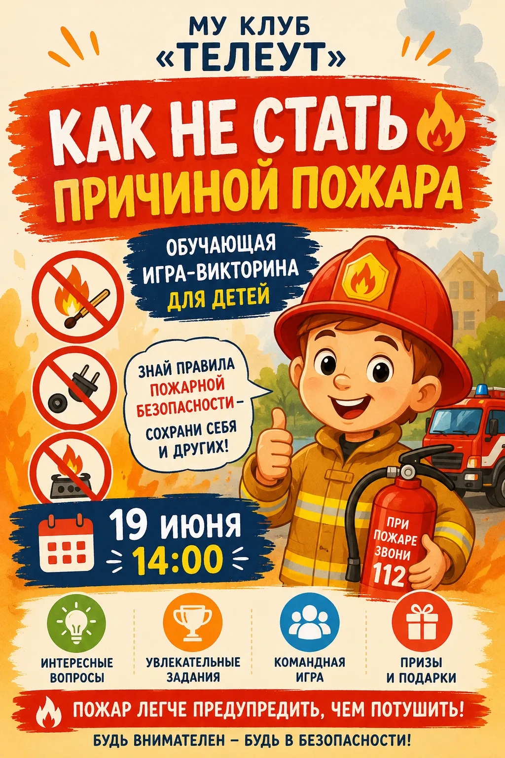 🔥 Друзья, приглашаем ребят на игру-викторину «Как не стать причиной пожара»!
📅 19 июня
⏰ 14:00
📍 