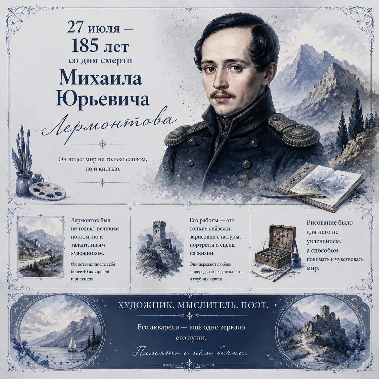 🖌️ 185 лет со дня смерти М. Ю. Лермонтова: Художник и Поэт 🎨

Сегодня мы вспоминаем не только выда