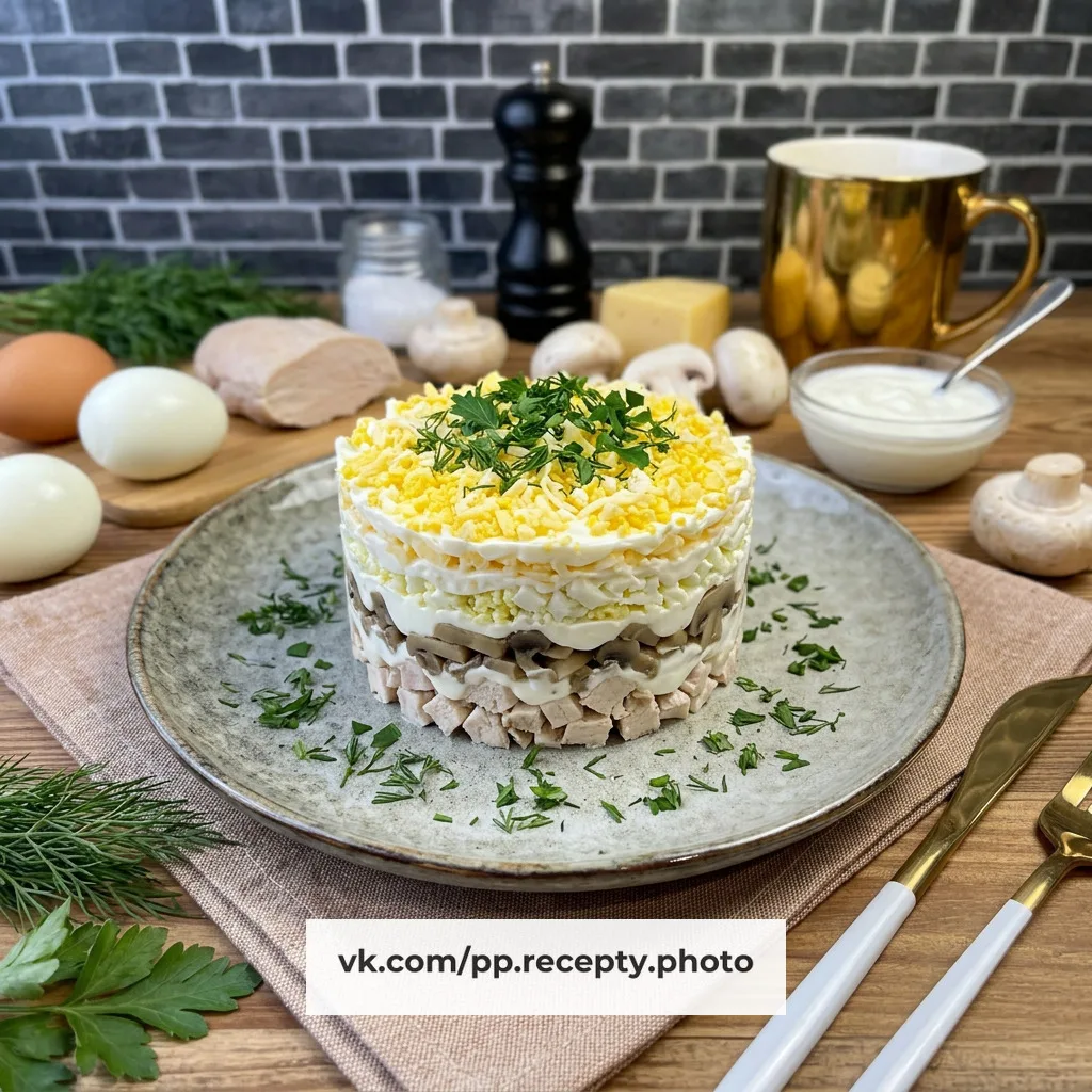 🥗 НИЗКОКАЛОРИЙНЫЙ УЖИН - Салат с курицей, грибами и йогуртовой прослойкой
