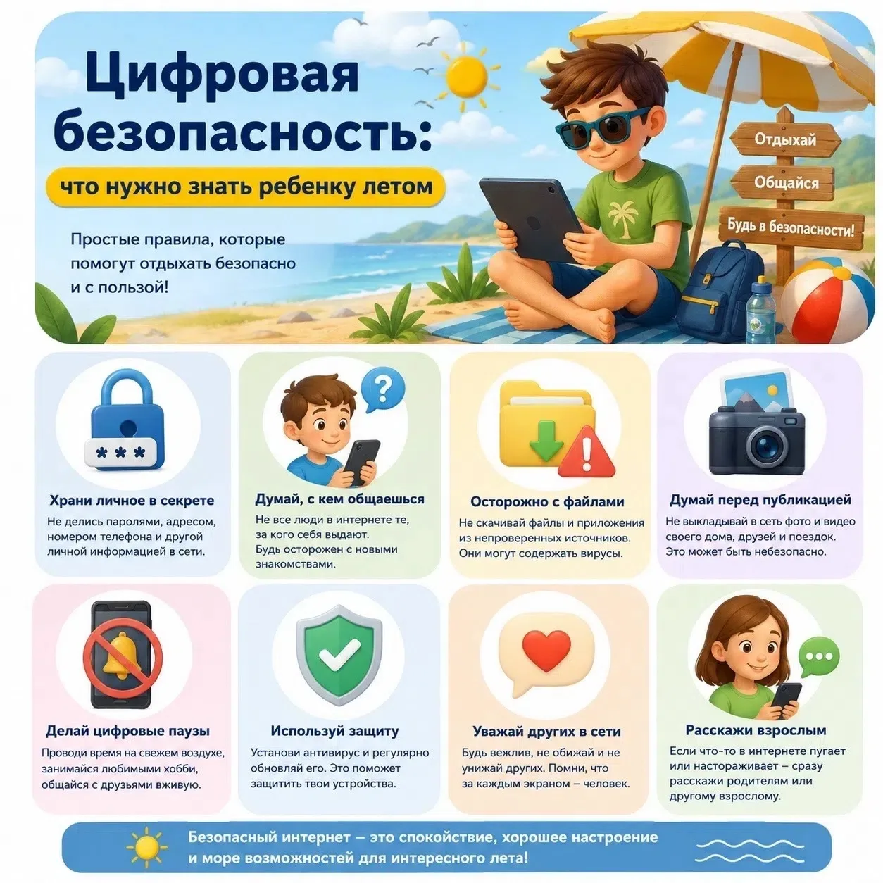 Летние каникулы — время отдыха, новых друзей и интересных открытий в интернете. Но важно помнить о с