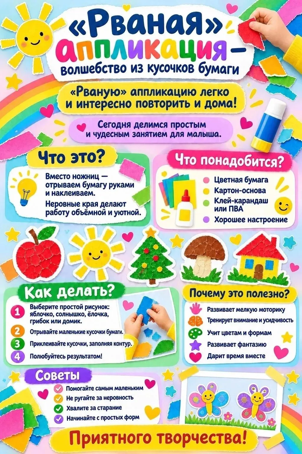 ✨"Волшебство из кусочков бумаги: знакомим малышей с «рваной» аппликацией!"